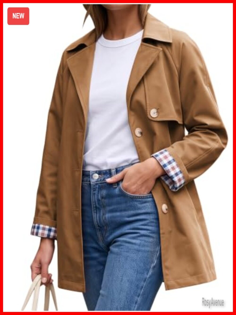 Womens Lightweight Trench Coat Plaid Lining Button Down Overcoat